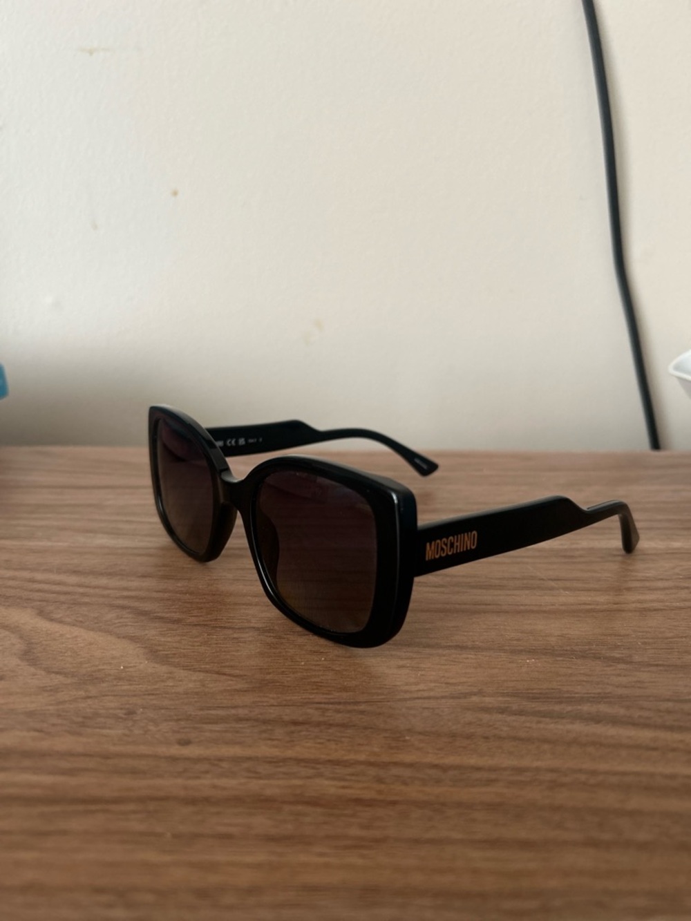 Moschino Black Glossy Square-Frame Sunglasses with Gold Logo
